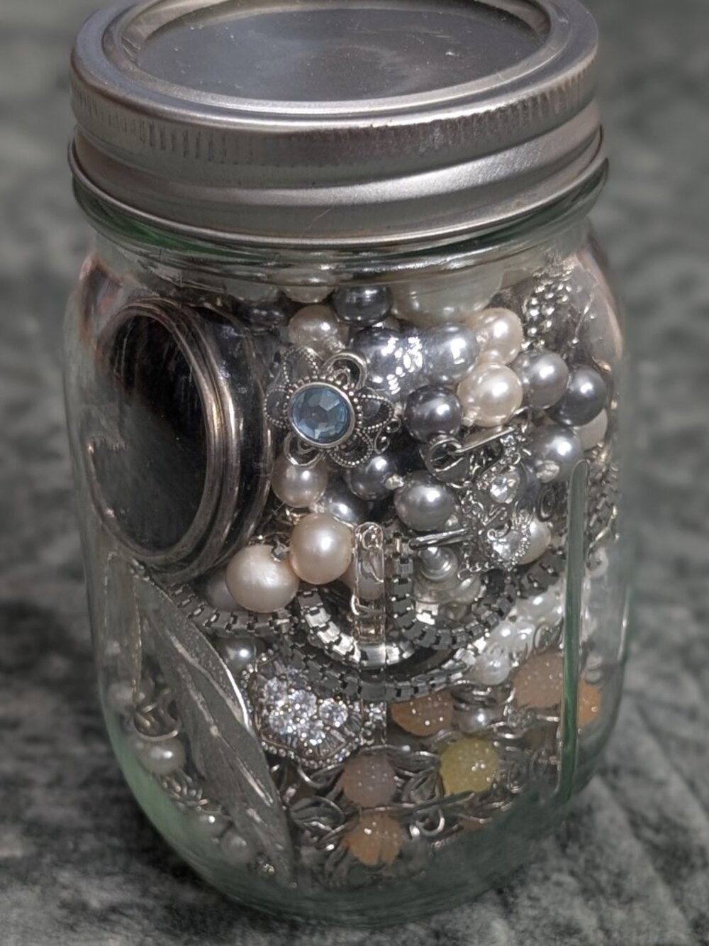 Pint Mystery Jewelry Jar Lot Silver Toned & Pearl Mixed Variety Accessories